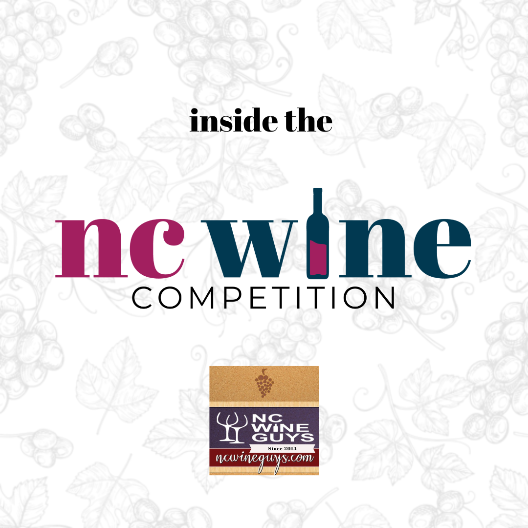 A background of grapes with the text Inside the NC Wine Competition over the top including logos for the NC Wine Competition and NC Wine Guys